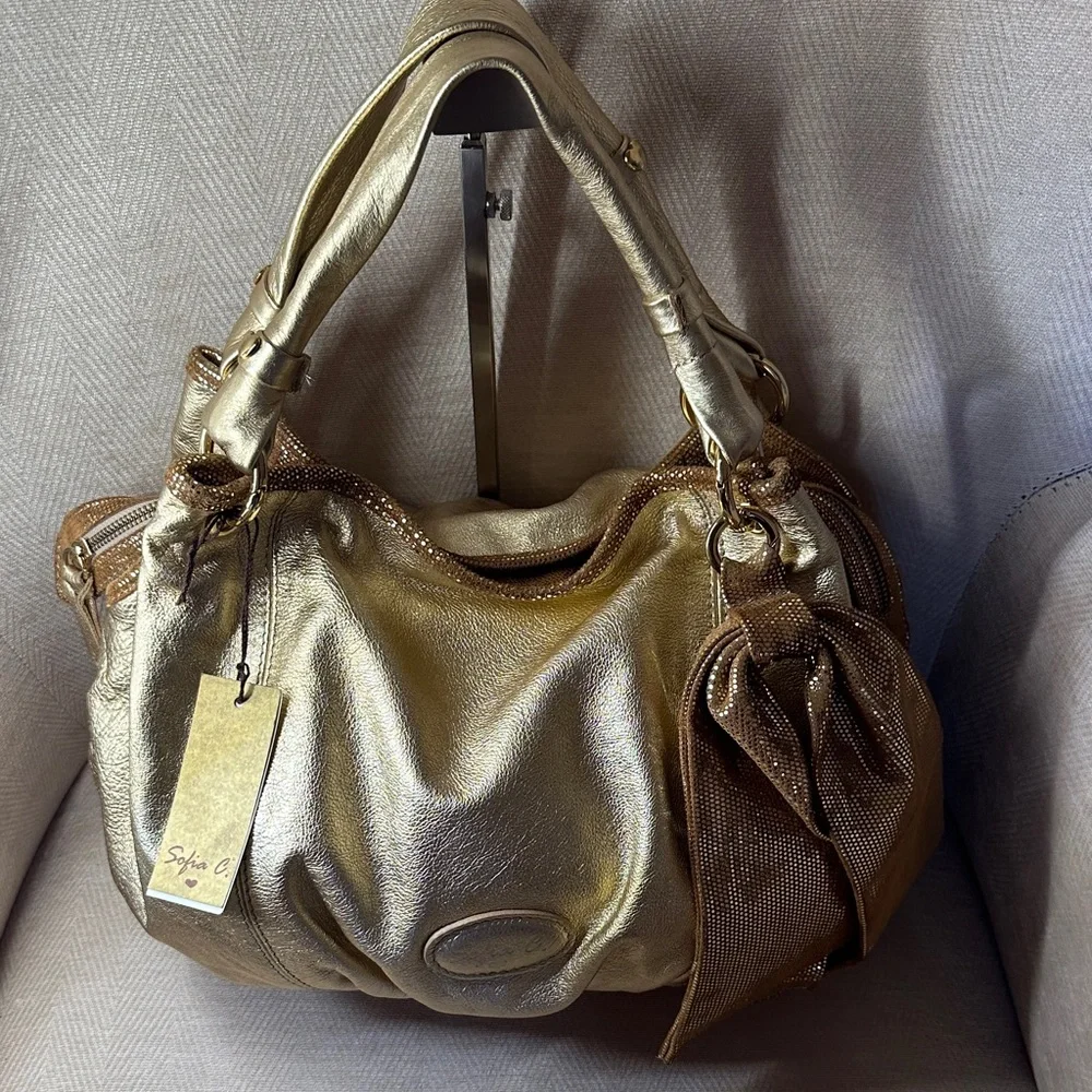 Sofia C. Luxurious Gold Shoulder Leather Bag with Leather Bag Charm